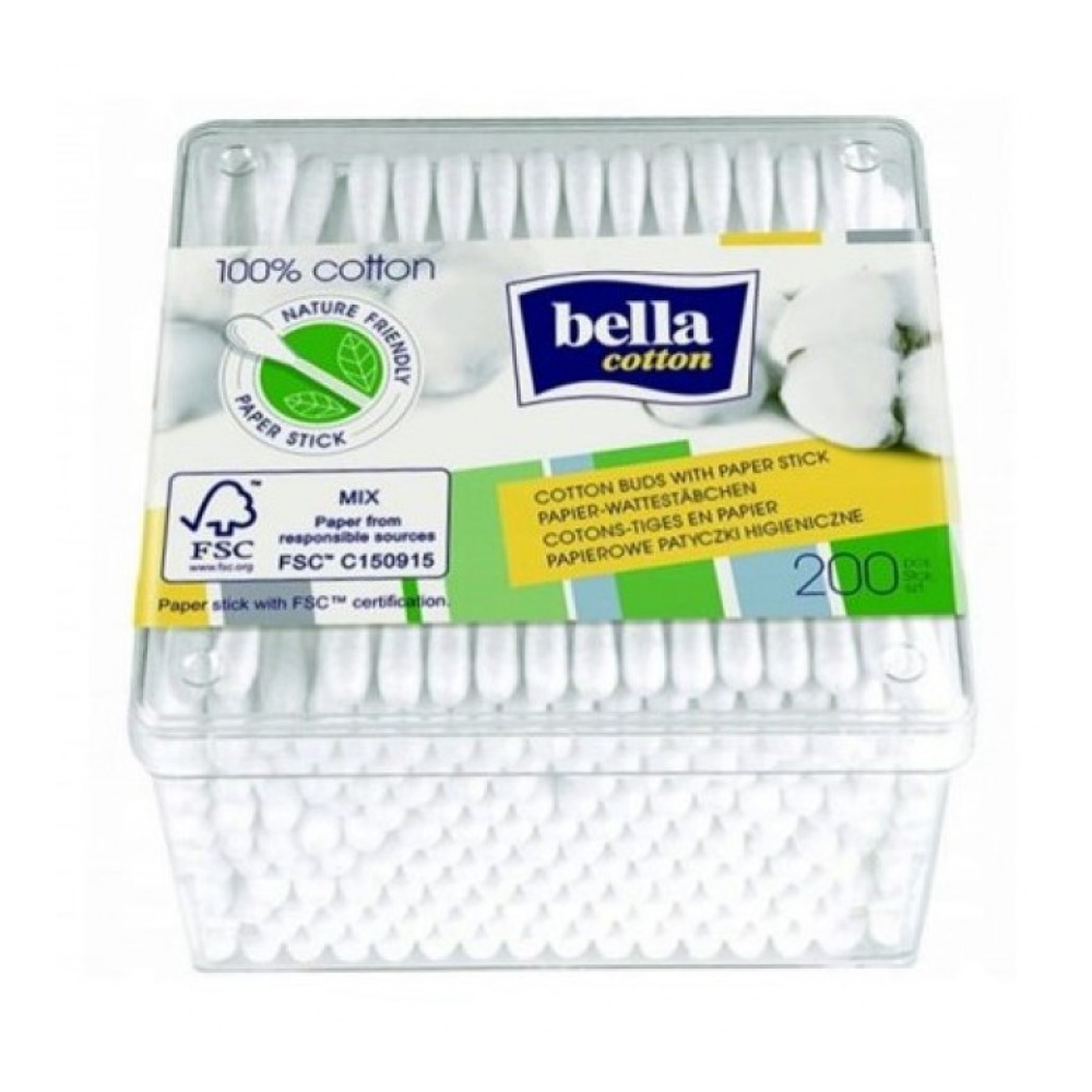Ватні палички Bella Cotton 200 шт пластикова прямокутна упаковка