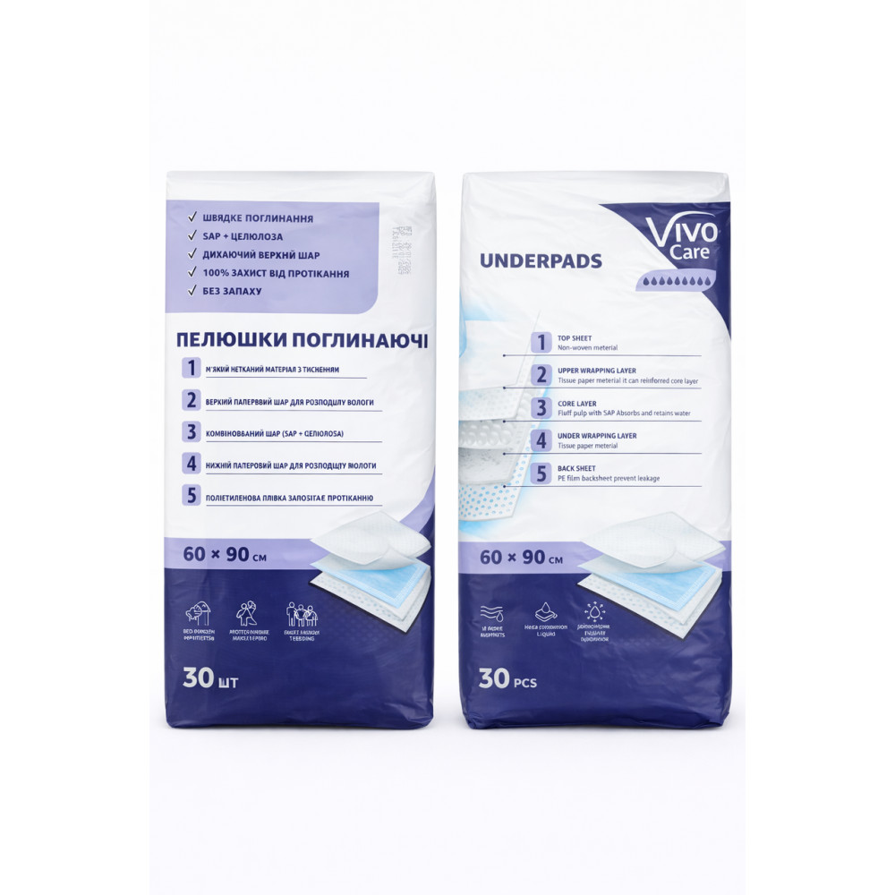 Пелюшки поглинаючі  VivoCare 60х90 см 30 шт